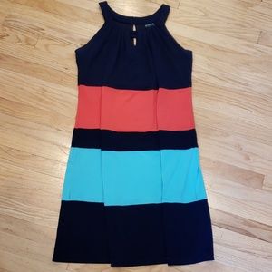 EN FOCUS Navy/Orange/Blue Sleeveless Striped Halter Dress, Size 8